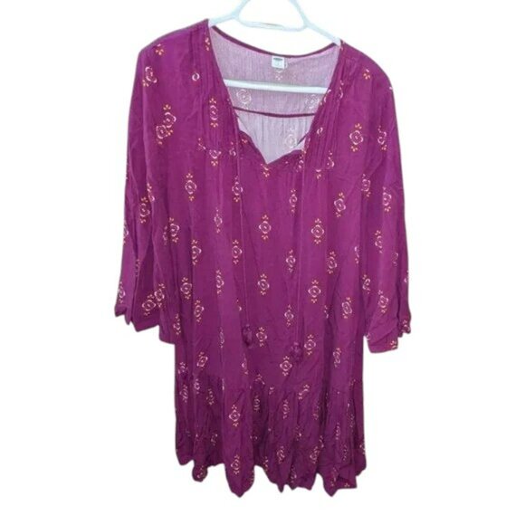 Old Navy 3/4 Sleeve Pintuck Swing Tiered Knee Length Short Print Dress L - Picture 3 of 4